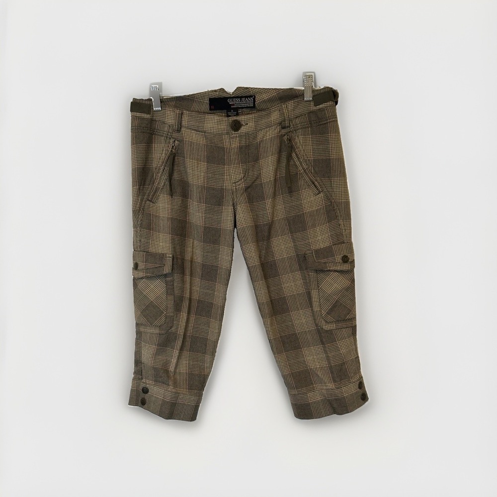 Guess Jeans Cargo Capri Pants Women Sz 30 Brown Plaid Low Rise Cropped Utility